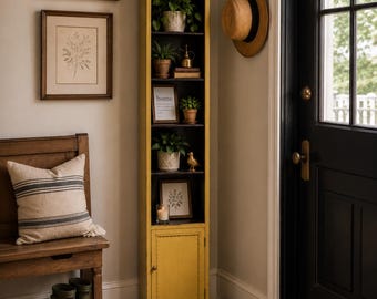 Narrow Antique Wood Shelving Unit | Painted Yellow