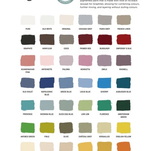 May include: A chart showing 42 colors of Annie Sloan Chalk Paint. The colors are arranged in rows and columns, with the names of each color listed below. The text at the top of the chart reads "Currently 42 colors in the paint range from soft and pale to bright and strong." The text at the bottom of the chart reads "*** NOTE *** Please be aware that the below are digitised versions of actual paint swatches and as a result there may be slight variances from the actual colour. These are also affected by the saturation settings on your display."