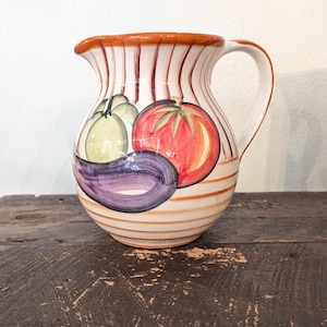Portugal Pitcher by A. Santos Hand Painted Vegetables and Stripes
