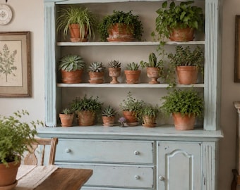French Country Style Painted Hutch with Open Shelving - Two Pieces - Light Teal and  Off-White