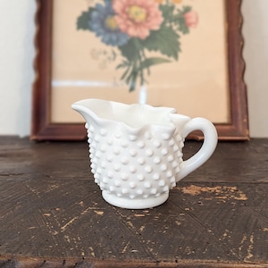 Vintage Fenton Milk Glass Hobnail Creamer with Scalloped Rim