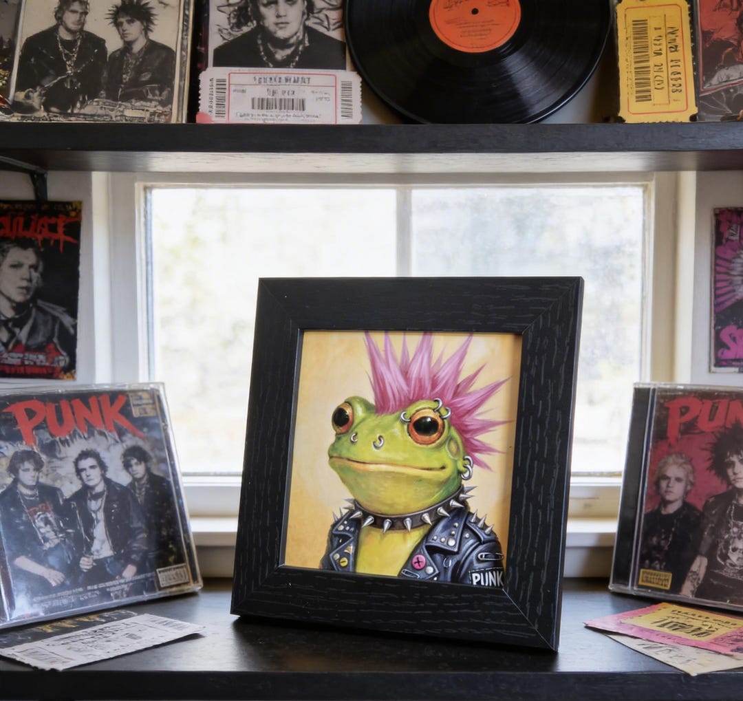 Punk Rock Frog Print – Quirky Animal Wall Art, Framed 10cm Square - Etsy