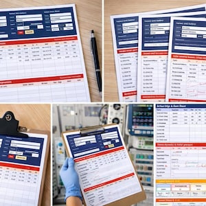 May include: A collection of medical forms with blue and red accents. The forms include sections for patient data, vital signs, and medication information. Some forms are on clipboards, and others are on a wooden surface.