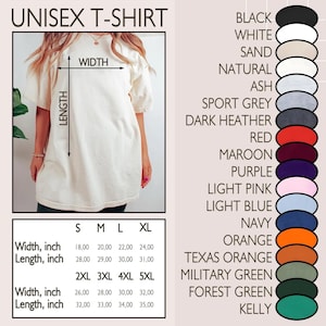 May include: Cream-colored unisex t-shirt with measurements in inches. Available in various sizes and colors, including black, white, and navy. The shirt's width ranges from 18 to 32 inches, and the length from 28 to 35 inches.