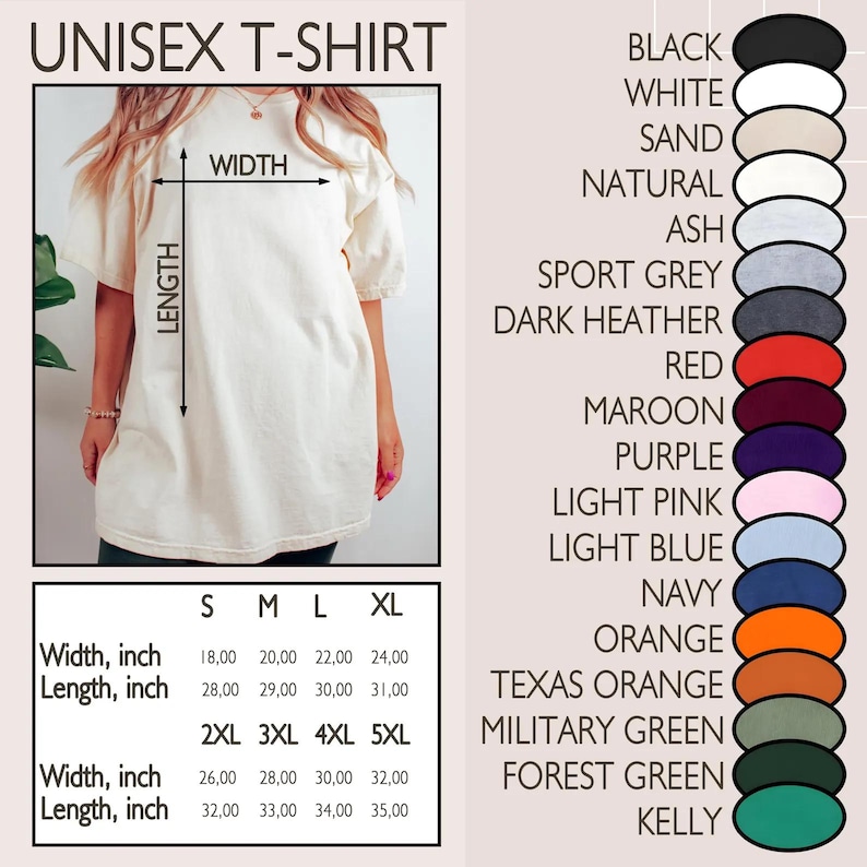 May include: Cream-colored unisex t-shirt with measurements in inches. Available in various sizes and colors, including black, white, and navy. The shirt's width ranges from 18 to 32 inches, and the length from 28 to 35 inches.