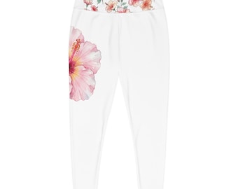 Leggings a vita alta con stampa floreale rosa acquerello, taglie forti / Leggings floreali a vita alta