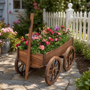 Wooden Wagon Planter Pot Stand with Wheels | Rustic Farmhouse Garden Decor