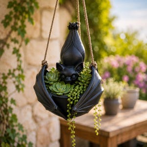 Maceta colgante con forma de murciélago / Decoración gótica para jardín / Decoración espeluznante para patio / Decoración de estilo bruja para el hogar