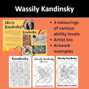 May include: Educational printables about Wassily Kandinsky featuring an artist biography, color artwork examples, and three black and white coloring pages with geometric shapes, lines, and circles. The text includes Who is Kandinsky, 1866-1944, and A pioneer of abstract art.