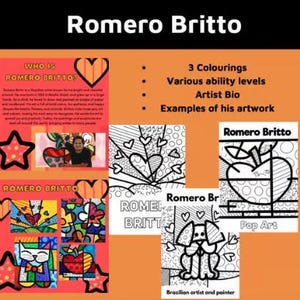 May include: An orange poster with the text "Romero Britto" at the top. The poster includes examples of his artwork, a biography, and coloring pages. The artwork features bold colors and geometric shapes.