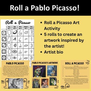 Op de afbeelding: Een Roll a Pablo Picasso kunstactiviteitsblad met een raster voor dobbelsteenworpen om gezichten, ogen, neuzen, monden en oren te tekenen. Bevat een biografie van de kunstenaar, voorbeelden van kunstwerken en instructies op een gele achtergrond.