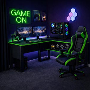 Könnte beinhalten: Ein Gaming-Setup mit einem schwarz-grünen Schreibtisch, zwei Monitoren, einem Gaming-PC und einem Gaming-Stuhl. An der Wand befindet sich ein Neon-Schild "GAME ON" und Kunstwerke. Der Raum wird von grünen und blauen Lichtern beleuchtet.