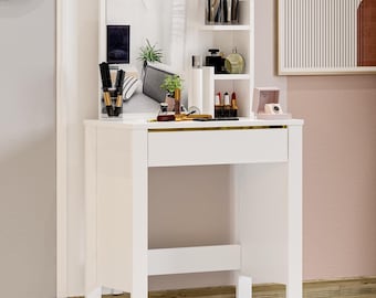 Tocador de maquillaje moderno con espejo y estantes de almacenamiento.