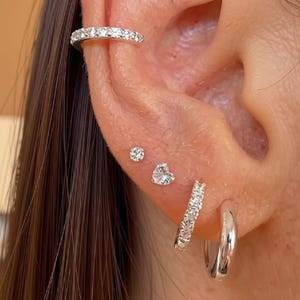 Silver Huggie Hoop and Stud Earring Set, Zirconia Heart Stud and Pave Hoop Earrings, Dainty Stackable Ear Stack Jewelry for Women