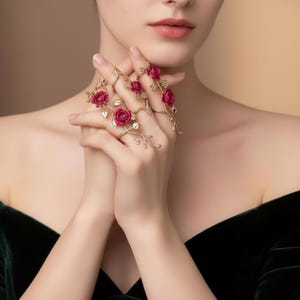 Red flower statement rings set, adjustable hollow vine design, gold tone, 2 piece, jewelry for women