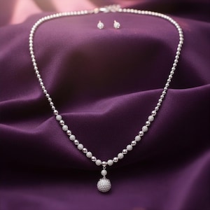 Luxury Crystal ball beaded necklace set, micro pavé pendant, matching stud earrings, Wedding Jewelry Set, gift for her