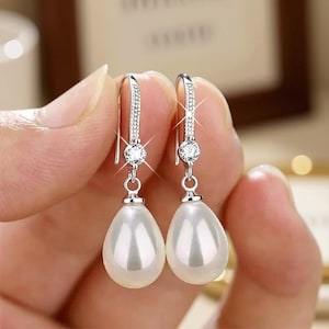 Pearl Teardrop Drop Earrings, Silver Tone Fish Hook Dangle Earrings with Zirconia, Elegant Bridal Wedding Jewelry Gift for Women