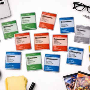 May include: A top-down view shows a selection of colourful, rectangular magnets with text, arranged on a white surface. The magnets have red, green, blue, and grey borders. Other items include a laptop, glasses, a pen, and notepads.