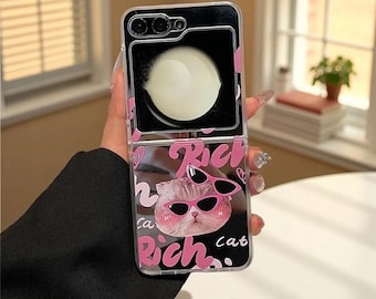 Cute Cat Mirror Bracelet Case For Samsung Galaxy Z Flip 7 FE 6 5 Korean Flower Strap Cover