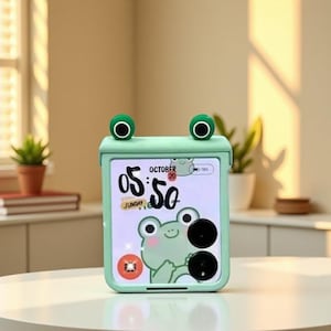 Pode incluir: Uma capa de telefone verde-menta com um design de sapo. A capa tem duas protuberâncias circulares verdes no topo, que se assemelham a olhos de sapo. O ecrã do telefone mostra um gráfico de sapo, a hora 05:50 e a data de 20 de outubro.