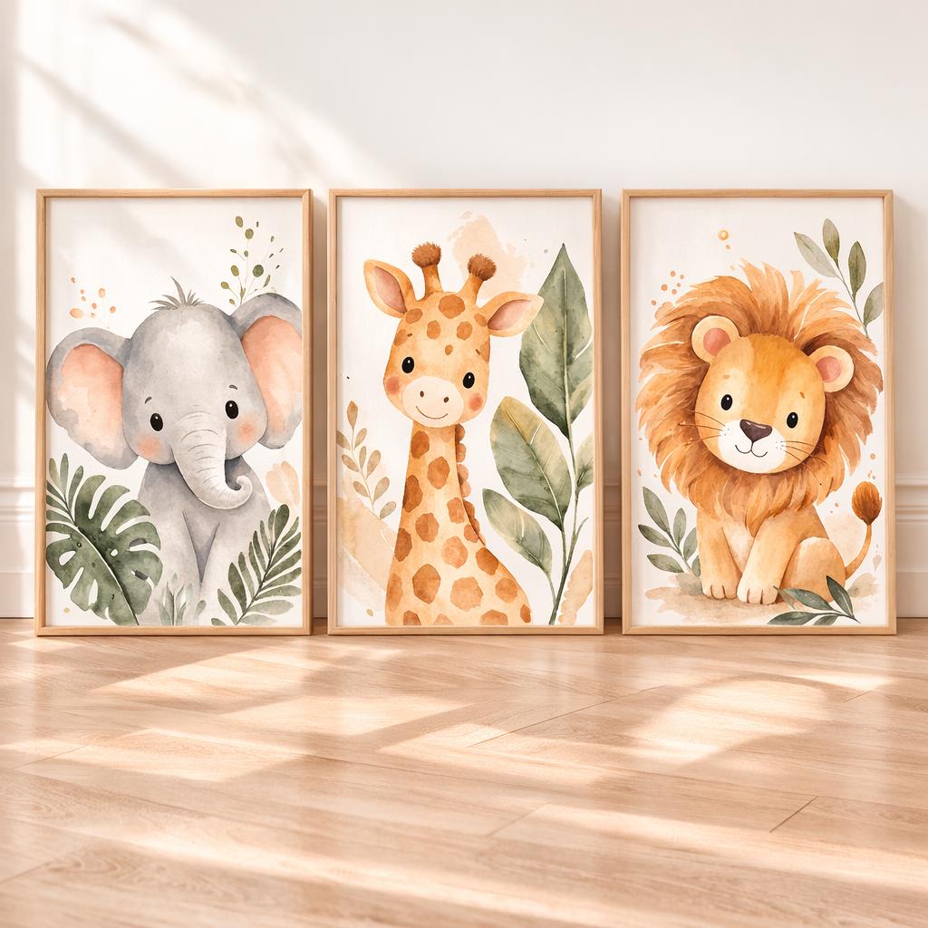 Safari Animal Nursery Prints Set of 3, Watercolor Lion, Giraffe ...