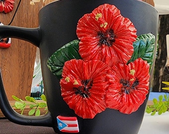Puerto Rico Flor de Maga Mug | Handmade Polymer Clay Coffee Cup | Puerto Rican Gift | Caribbean Floral Mug | Boricua Artisan Mug