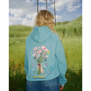 Dandy Floral Embroidered Hoodie, Flower Bouquet Sweatshirt, Gift Giving Pullover Hoodie Blue