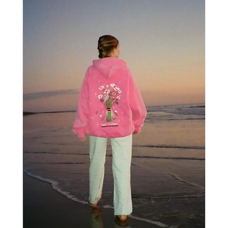 Dandy Floral Embroidered Hoodie, Flower Bouquet Sweatshirt, Gift Giving Pullover Hoodie Washed Pink
