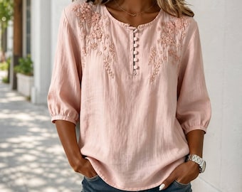 Geborduurde katoenen linnen blouse dames casual losse boho zomertop