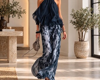 Women's Halter Neck Two Piece Set, Ruffle Top, Wide Leg Pants, Elegant Vacation Outfit