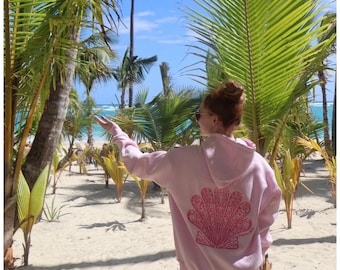 Prisana Bay Women’s Hoodie, Embroidered Seashell Front & Back, Handmade Cotton Hoodie