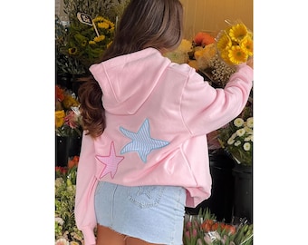 Women Star Embroidery Hoodie – Oversized Pastel Sweatshirt - Soft Casual Wear, Trendy Teen Hoodie