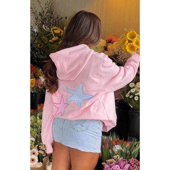 Women Star Embroidery Hoodie – Oversized Pastel Sweatshirt - Soft Casual Wear, Trendy Teen Hoodie