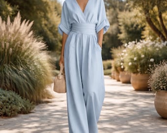 Elegant Women Jumpsuit with Pockets, Wide Leg V Neck Belted Casual Comfortable Outfit