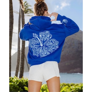 Pink Palm Hauch Baumwolle Hoodie, Gestickter Hibiskus Blumen Hoodie, Mädchen Küsten Pullover Sweatshirt