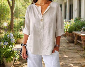 Women Summer Blouse, Linen Cotton Blend Button Shirt, Relaxed Fit Casual Chic Everyday Top