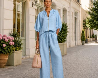 Women Two Piece Outfit Casual Lightweight Wide Leg Pants Set