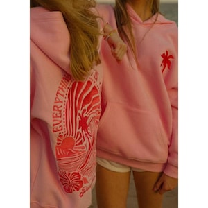 Pink Palm Puff bestickter Hoodie, Alles kommt in Wellen Pullover, Geschenk für Tochter