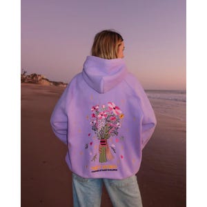 Dandy Floral Embroidered Hoodie, Flower Bouquet Sweatshirt, Gift Giving Pullover Hoodie Lavender