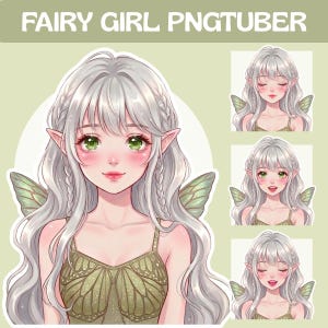 Peut inclure: Illustration numérique d'une jeune fille fée aux longs cheveux argentés, aux yeux verts et aux oreilles pointues. Elle porte une robe verte avec un motif d'ailes de papillon et des ailes assorties. Le texte "FAIRY GIRL PNGTUBER" est en haut.