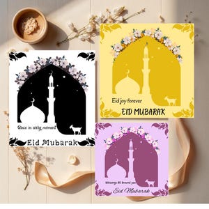 May include: Four Eid Mubarak greeting cards with mosque silhouettes, floral arches, and goat illustrations. The cards feature various color schemes: black and white, yellow, and purple. Each card includes the text "Eid Mubarak" and other phrases.