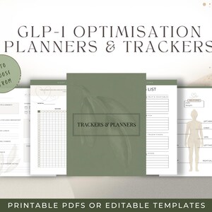 Könnte beinhalten: Eine Sammlung von druckbaren Planern und Trackern mit dem Text "GLP-1 OPTIMISATION PLANNERS & TRACKERS". Die Planer sind in Grün- und Weißtönen gehalten und bieten verschiedene Layouts zur Verfolgung von Gesundheitsmetriken. Der Text "25 TO CHOOSE FROM" ist ebenfalls sichtbar.