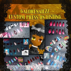 Puede incluir: Un collage de uñas postizas personalizadas con varios diseños, incluyendo personajes de anime, cartas de Uno, patrones de cuadros y colores degradados. El texto GALORENAILZZ CUSTOM PRESS ON LISTING aparece en la parte superior.