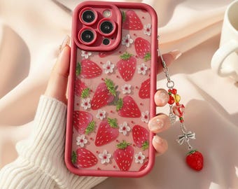 Strawberry Flower Painted Phone Case with Pendant Chain
