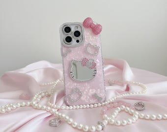Cute Hello Kitty Makeup Mirror Phone Case, 3D Cartoon Sanrio Glitter Cover, Shockproof Hard Case for iPhone 12–17 Pro Max