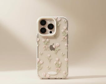 Pink Tulip Floral iPhone Case, Transparent Shockproof Protective Cover