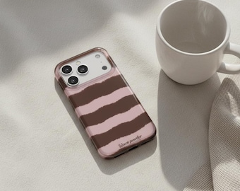 Korean Wavy Stripes Phone Case: Brown & Light Pink Bumper Cover
