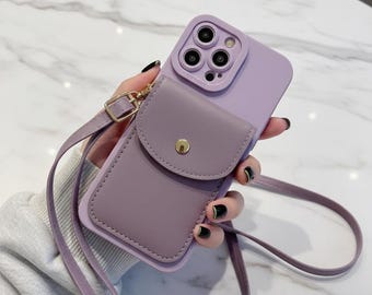Leather Crossbody Phone Case Wallet with Card Holder, Neck Lanyard Strap