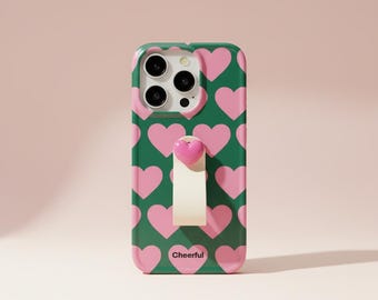 3D Pink Hearts iPhone Case Ring Strap, Korean Phone Cover (iPhone 12-17 Pro Max)