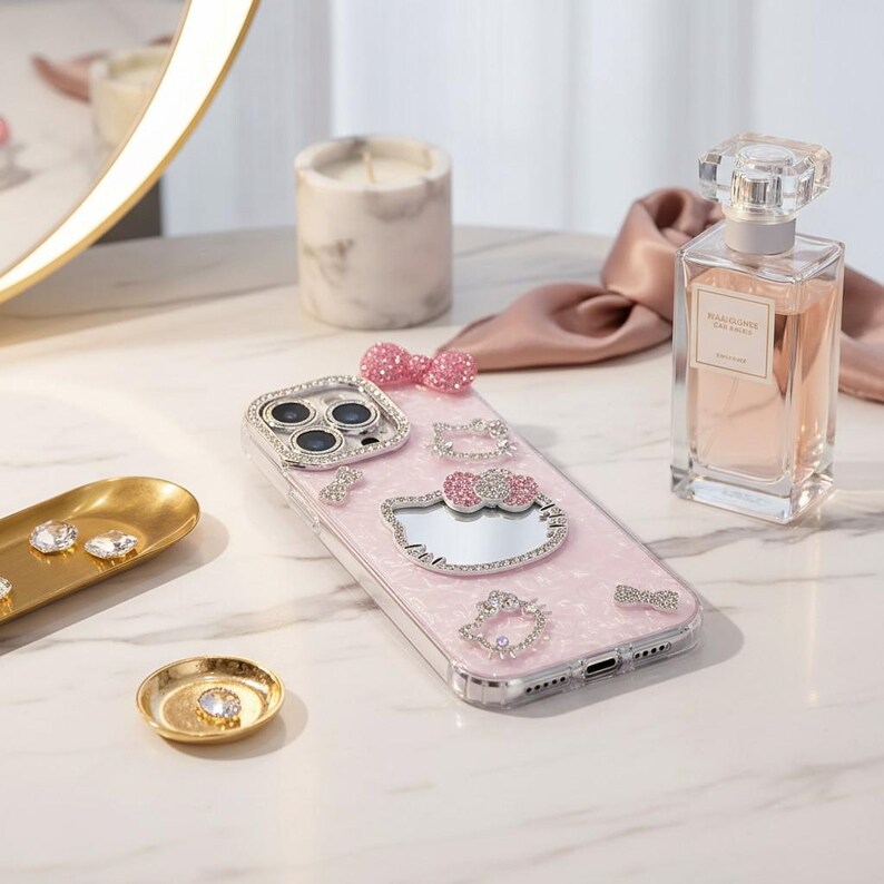 Cute Hello Kitty Makeup Mirror Phone Case, 3D Cartoon Sanrio Glitter Cover, Shockproof Hard Case for iPhone 12–17 Pro Max image 3